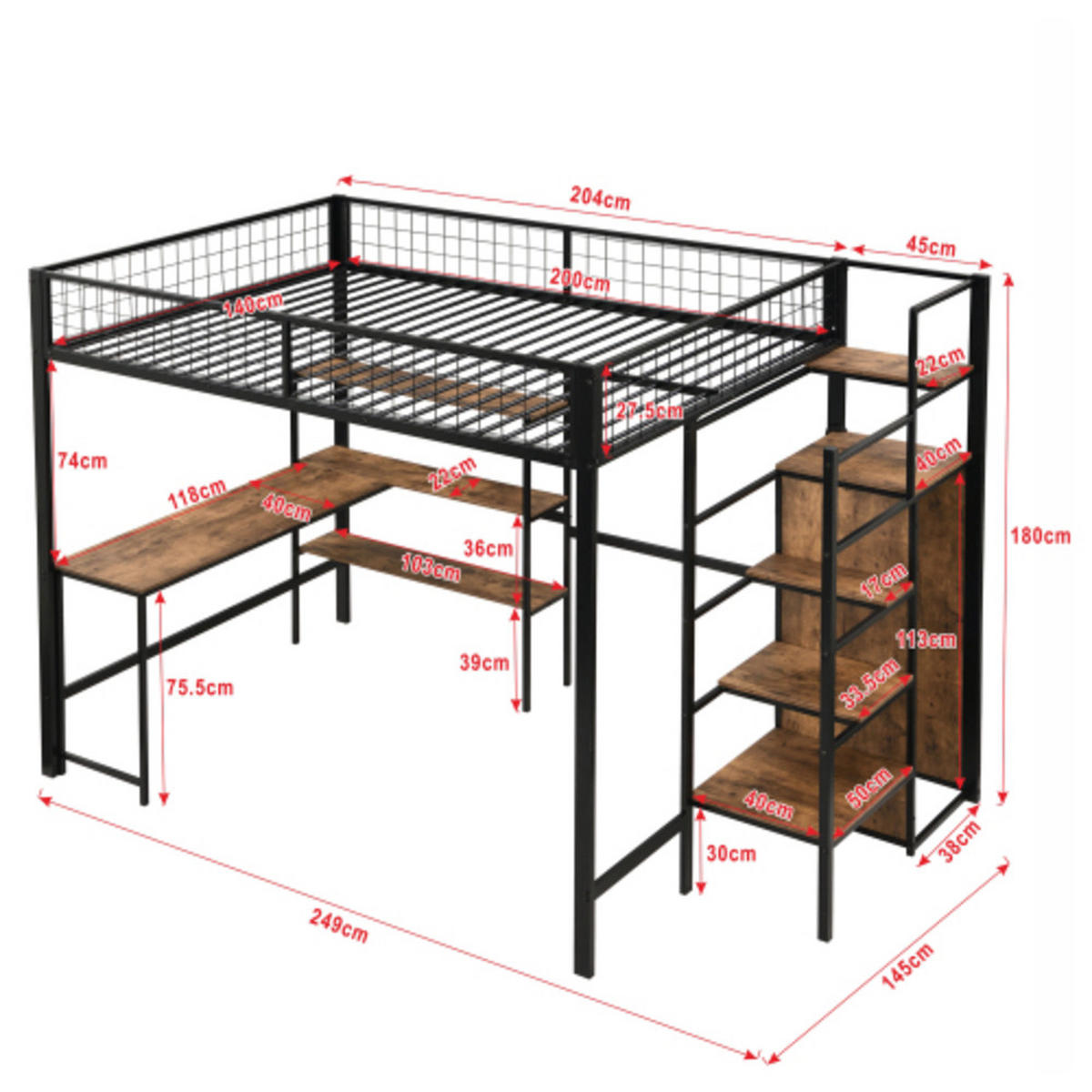 HOCHBETT 140 × 200 cm aus Metall und MDF mit Schreibtisch, Regalen und Kleiderschrank, schwarz - Schwarz, Holzwerkstoff - Luhomfu