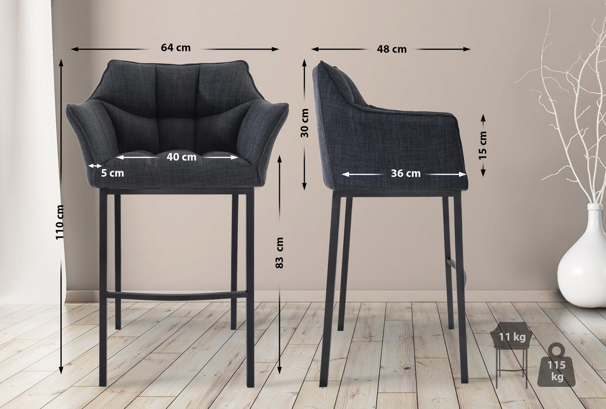 BARHOCKER 2er Set Stoff dunkelgrau - Dunkelgrau/Schwarz, Textil/Metall (64/110/48cm) - CLP