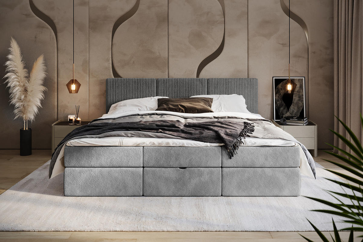 BOXSPRINGBETT Weit 240x200 cm mit Bettkasten – Grau, 3 modulare Segmente - Grau, Textil (240/200cm)