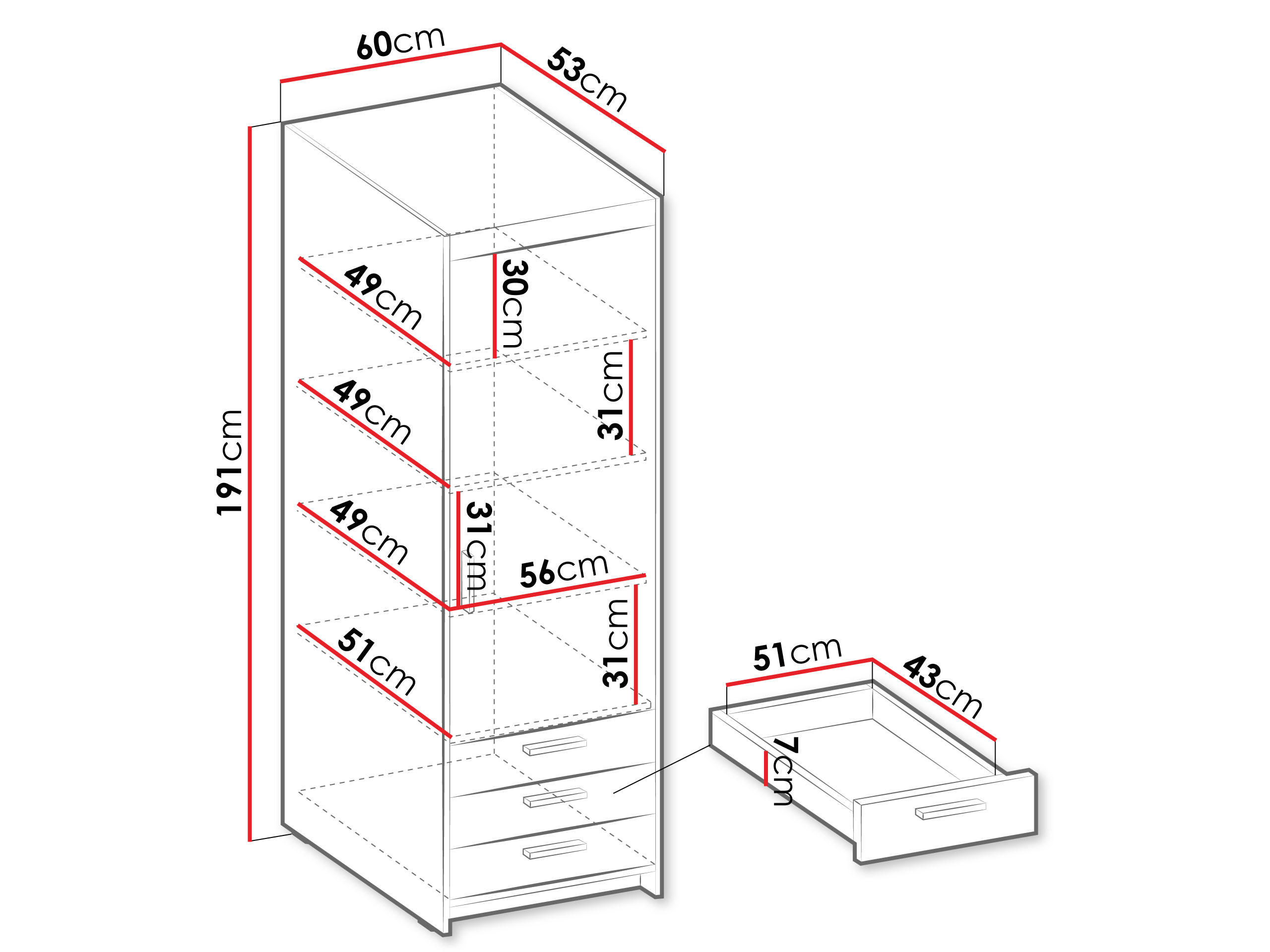 Thumbnail - Mirjan24 Kleiderschrank, Weiß, Schwarz, Holzwerkstoff, 3 Schubladen, Rechteckig, 60x191x53 cm, Schlafzimmer, Kleiderschr...