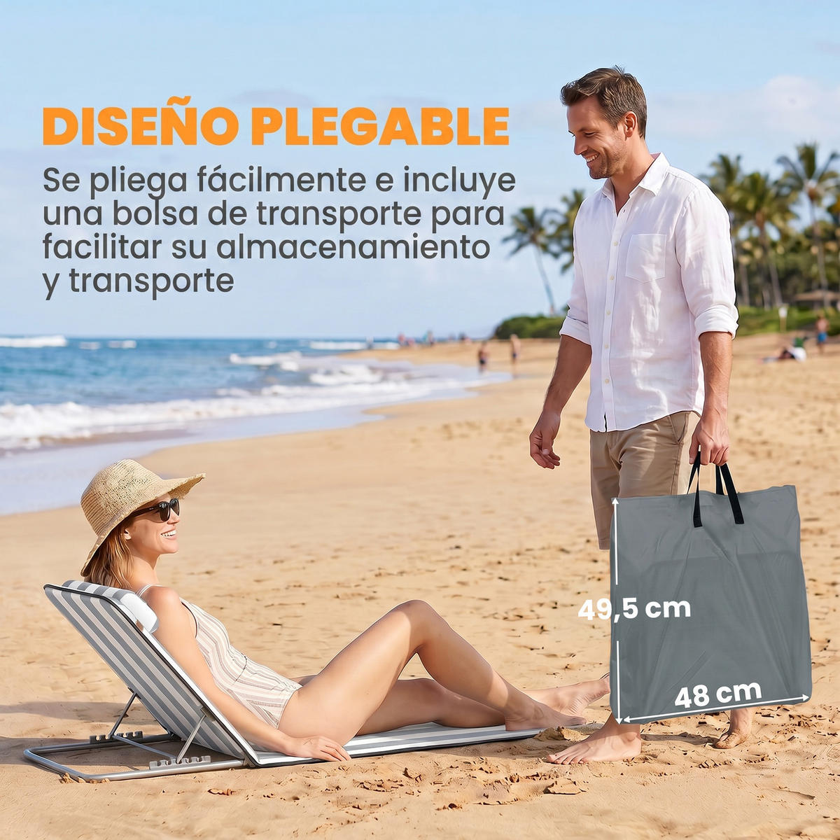 SONNENLIEGE 2er-Set, Kopfstütze und Tragetasche, 134 x 48 x 33–43 cm, Weiß und Grau - Grau, Metall (48/43/134cm) - Vallsero