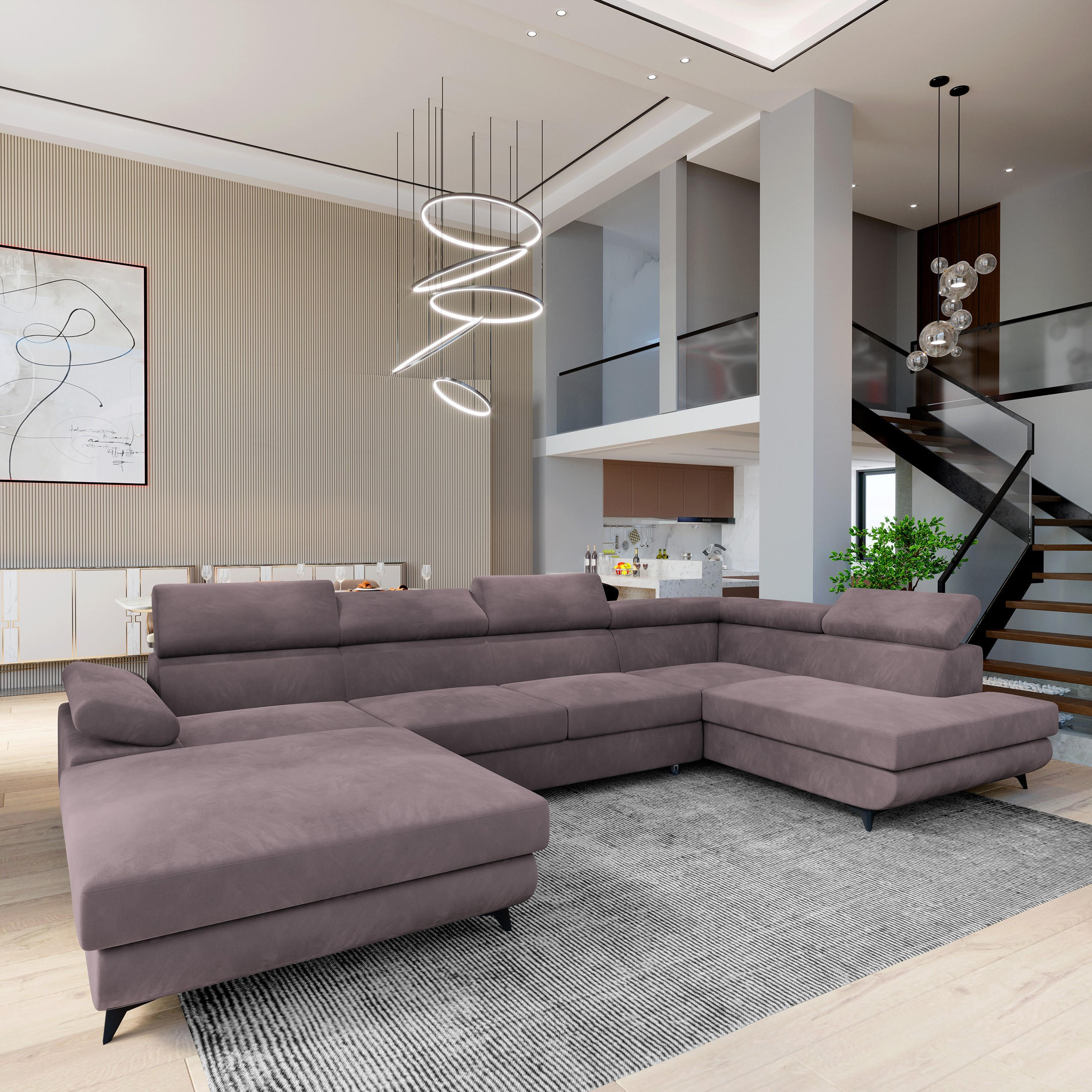 WOHNLANDSCHAFT RUBANO R-S Lila Velours-Stoff mit Schlaffunktion - Lila, Holz (339/89/190cm) - MASSENO