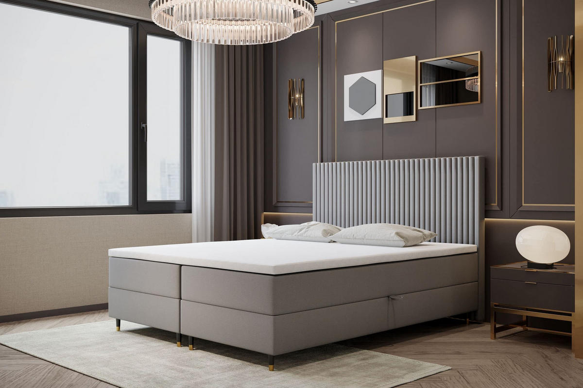 BOXBETT 160 x 200 cm mit Taschenmatratze ESTEPONA, Bettkästen mit Gasdruckfedern, Elegants gepolsterte Kopfstütze und Topper, Grau - Grau, Holz/Textil (160/200cm) - Trada