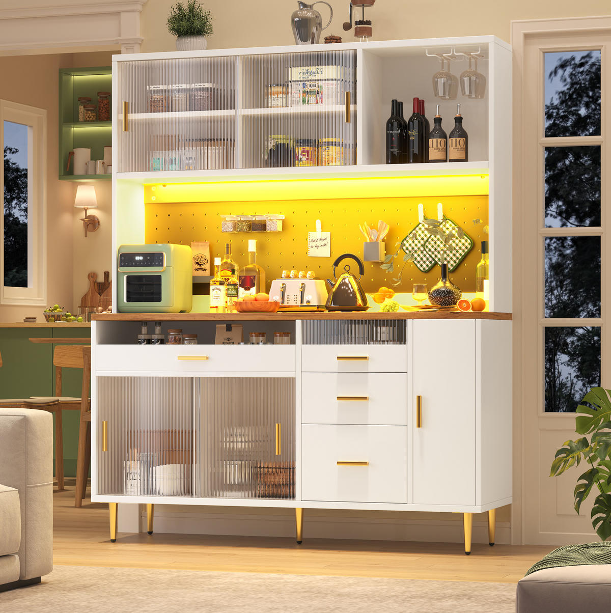 BUFFET 145/39/171 cm weiß aus MDF und Glas mit LED - Weiß, Glas (145/171/24cm) - OKWISH