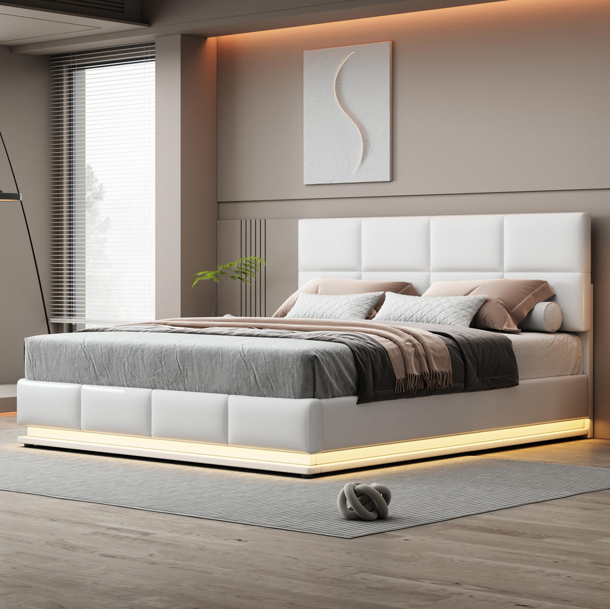 ČALÚNENÁ posteľ 180/200 cm s LED osvetlením a hydraulickým úložným priestorom, výškovo nastaviteľné čelo, Biela - biela, textil (180/200cm) - Redom