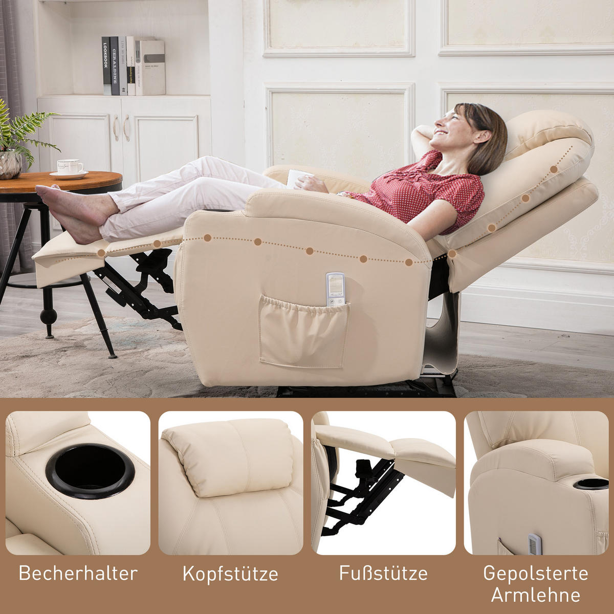 MASSAGESESSEL elektrisch Relaxsessel Fernsehsessel Liegefunktion Beige - Beige/Schwarz, Leder/Metall (97/110/82cm) - HOMCOM