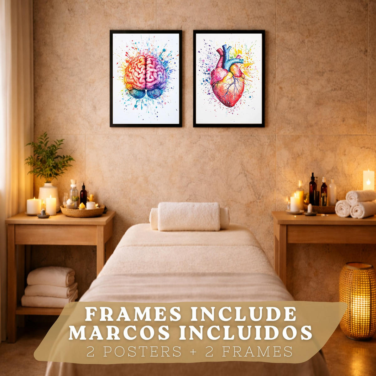 POSTER Set aus 2 Anatomie Drucke und Wandbilder mit Gehirn und Herz Künstlerische Mehrfarbig Aquarell Illustration Größe Schwarzer Rahmen A4 - Schwarz, Papier (21/29.7/3cm) - Nacnic