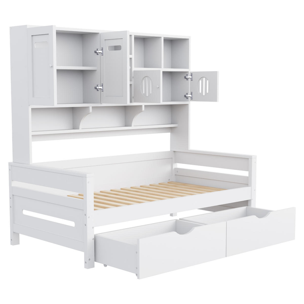 STAURAUMBETT 90/200 cm DE-01412, in Weiß, mit 2 Schubladen und Staufächern - Weiß, Holz (90/200cm) - ComfortXL