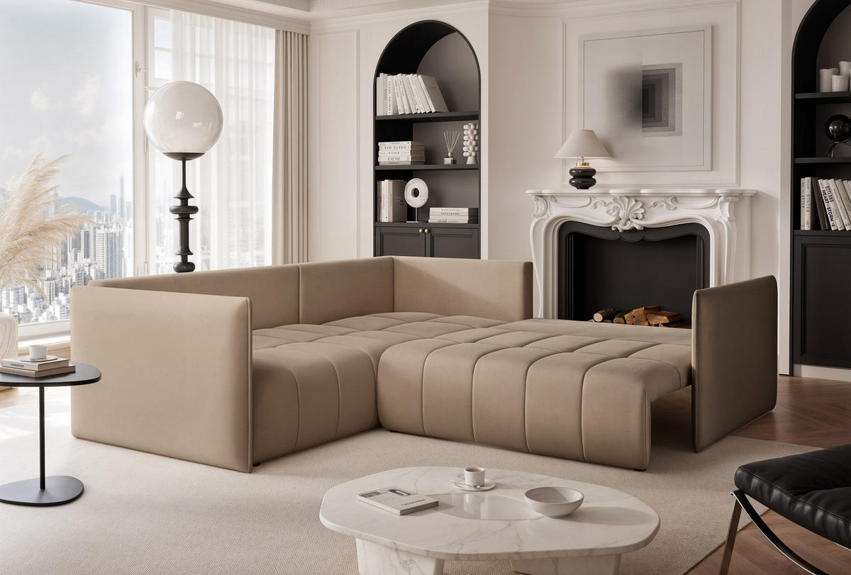ECKSOFA OLIMPIA mit Schlaffunktion und Bettkasten Beige - Beige, Holzwerkstoff/Kunststoff (235/230cm) - Idohome