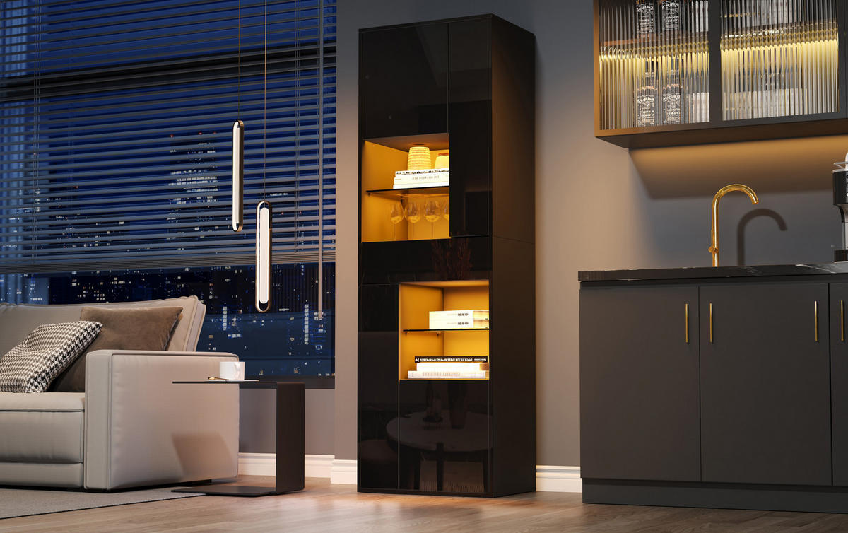 VITRINE aus Spanplatte und Glas 55x38x170 cm Schwarz mit LED-Beleuchtung, Schublade und 11 Ablageflächen - Schwarz, Holzwerkstoff (55/170/38cm) - IVMEU