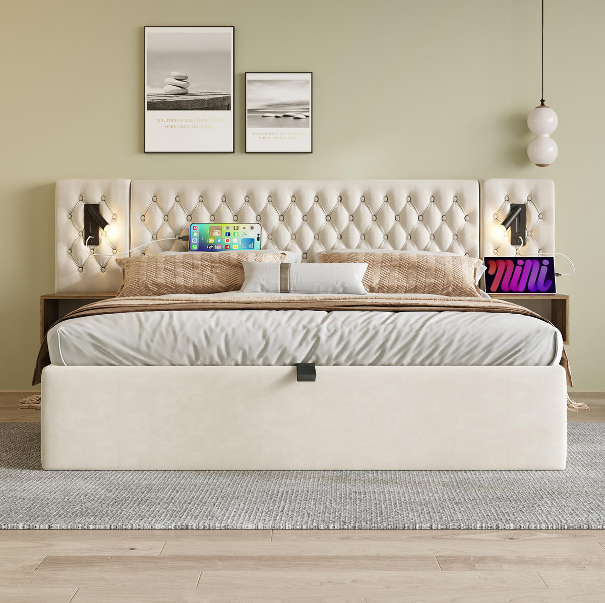 BETT mit Stauraum 160x200 cm Samt Beige mit 2 Nachttischen - Beige, Metall (160/200cm) - Meubliv