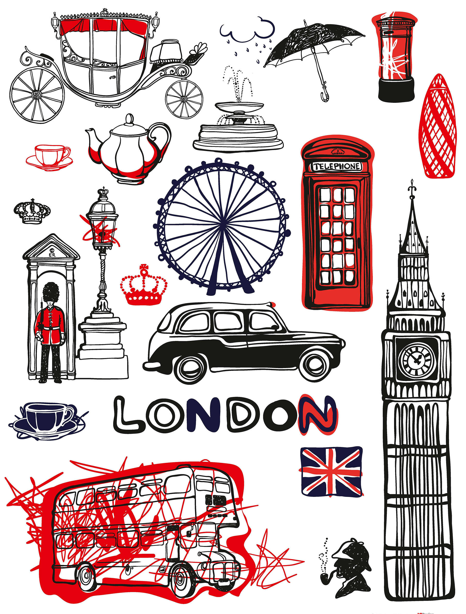 WANDTATTOO London 85 x 65 cm - Schwarz, Papier (85/65/65cm) - Sanders & Sanders