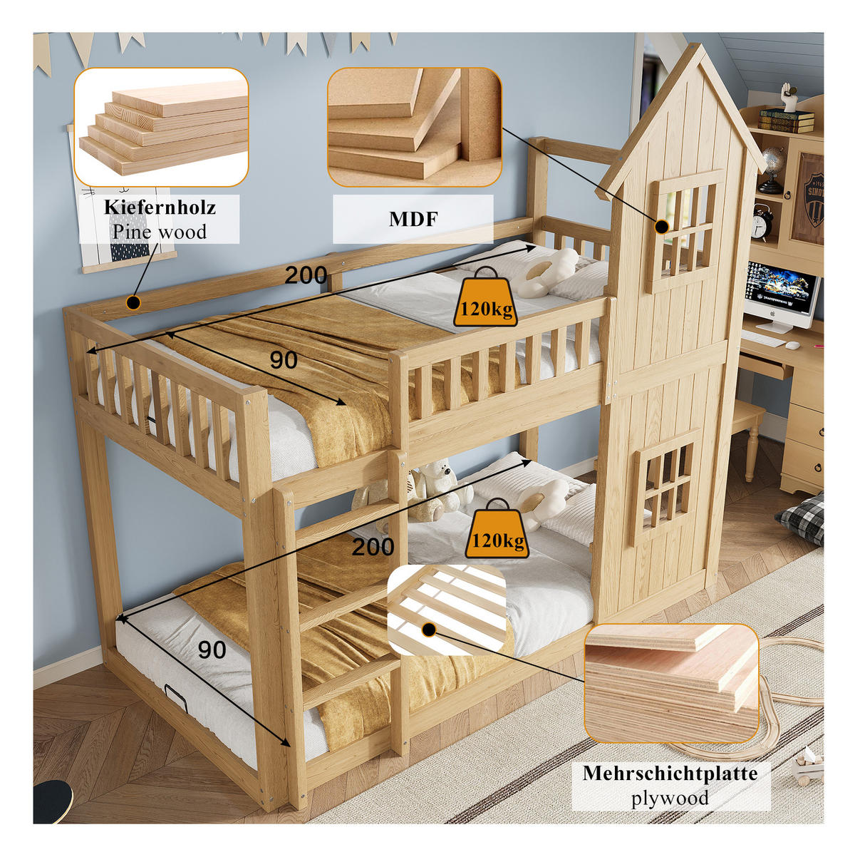 ETAGENBETT 90x200 cm in Natur mit Hausdesign, Treppe und Rundum-Schutz - Naturfarben, Holz (90/200cm) - IVMEU