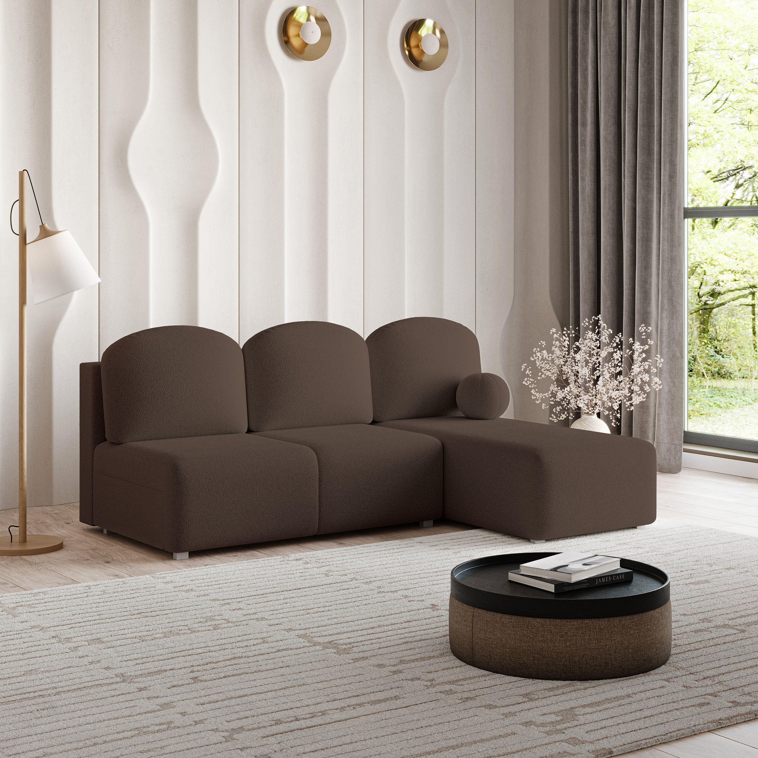 ECKSOFA TRAMA Braun Boucle-Stoff mit Schlaffunktion - Braun, Holz (200/143cm) - MASSENO