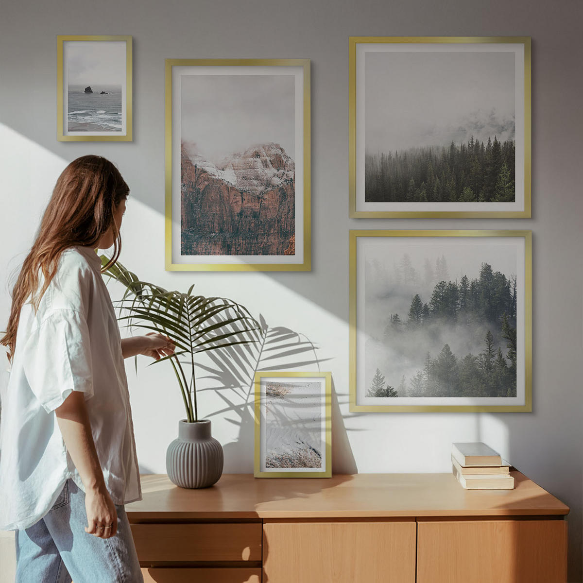 WANDBILDER 5er Set - 50x50 cm & 20x30 cm & 40x60 cm Goldrahmen - Abstrakte Wellen, graue Pastellfarben - Goldfarben, Kunststoff (40/60cm) - ArtPrintCave