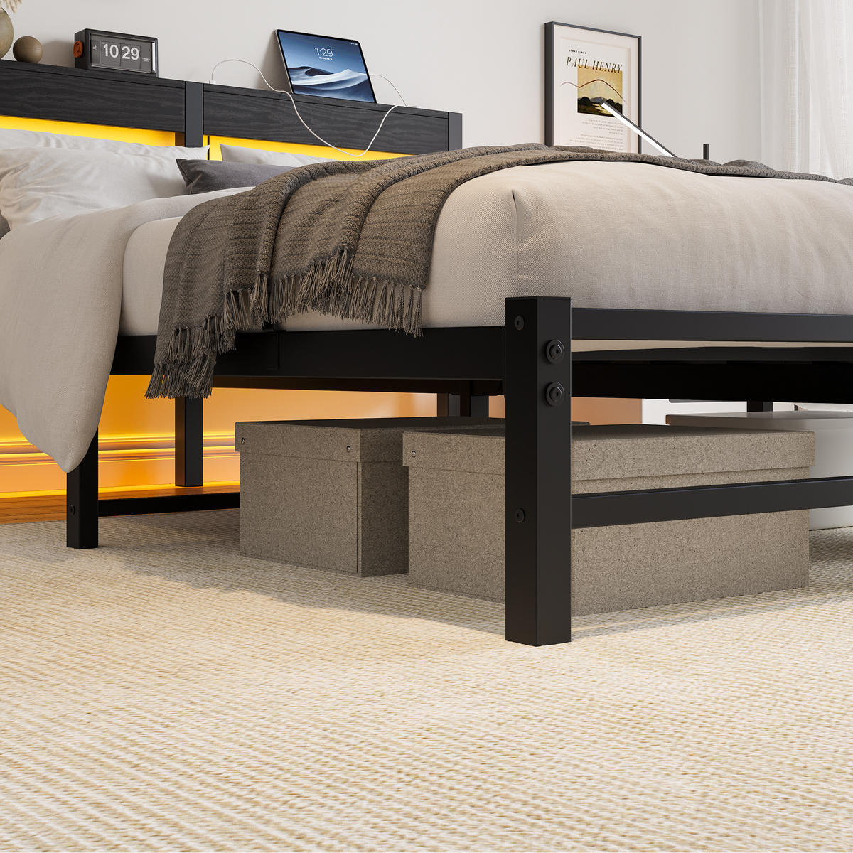 METALLBETT 140x200 cm LED USB Stauraum - Schwarz, Metall (140/200cm) - LEBENLANG