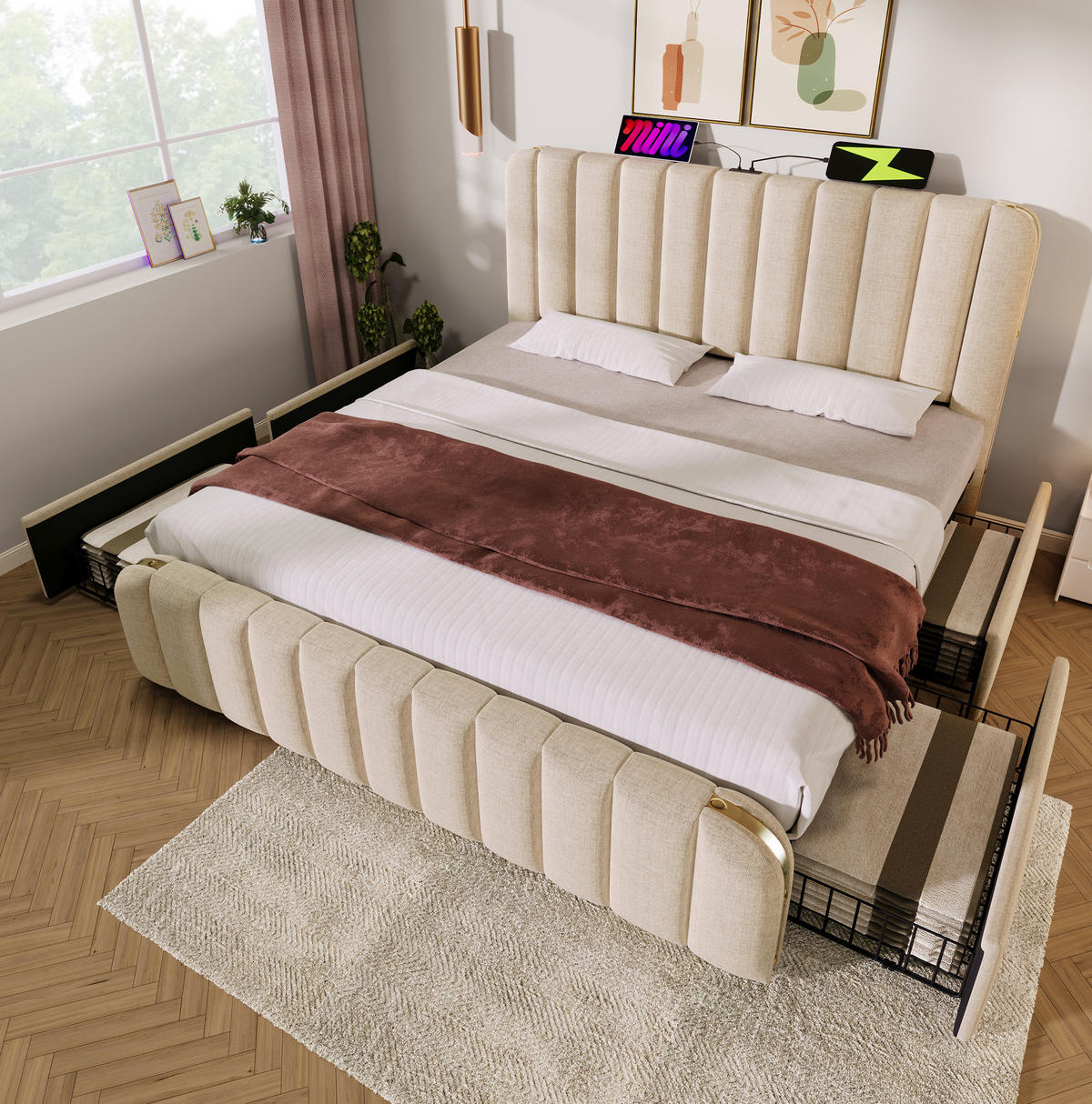 ČALÚNENÁ posteľ s úložným priestorom, 180/200 cm, béžová, ľan, s matracom a USB-C - béžová, textil (180/200cm) - BEAOK