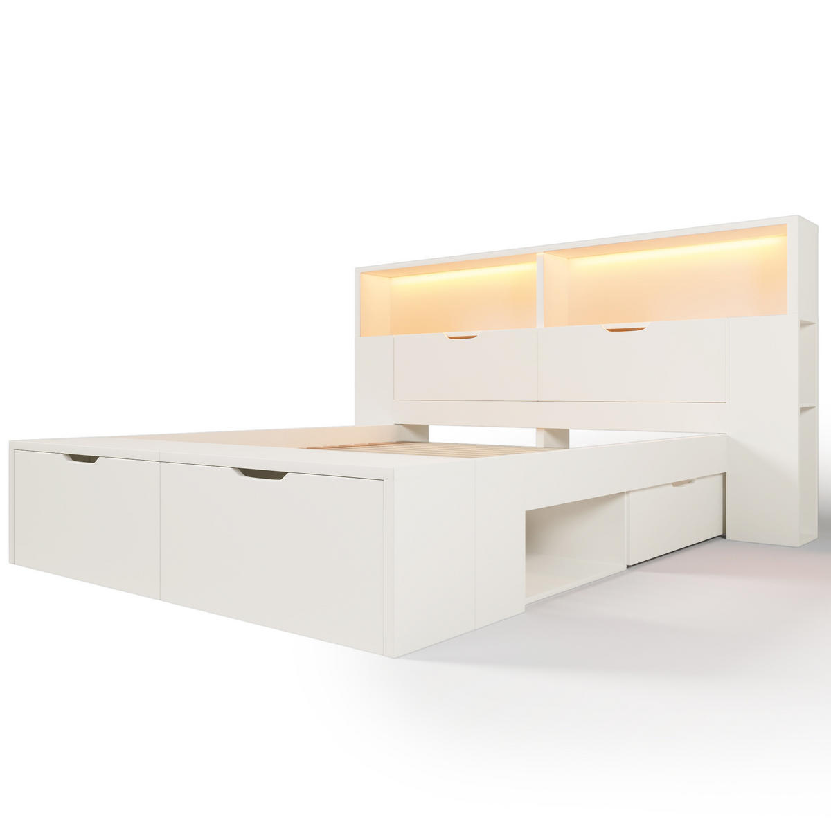 HOLZBETT 140/200 cm mit LED-Beleuchtung, USB-C/USB-Anschlüssen, Stauraum, Bettbank und Schubladen, Weiß - Weiß, Holzwerkstoff (140/200cm) - Redom
