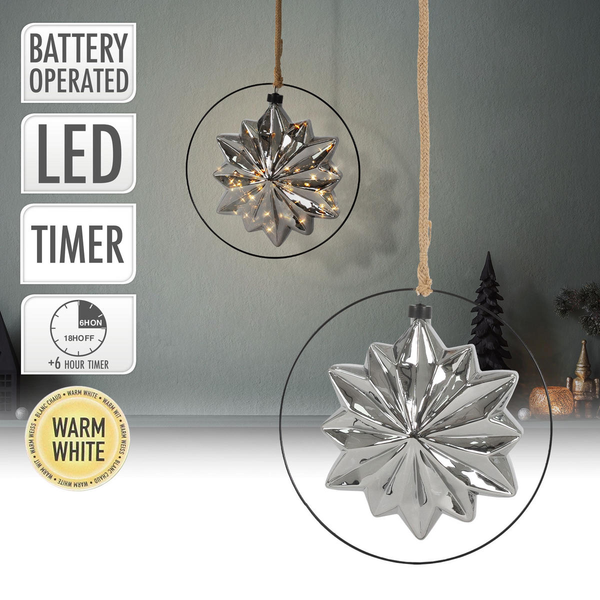 LED-WEIHNACHTSSTERN Ø18cm 40LED Warmweiß Grau 80cm Seil/Metallring - Grau, Metall (2/105/25cm) - ECD-Germany