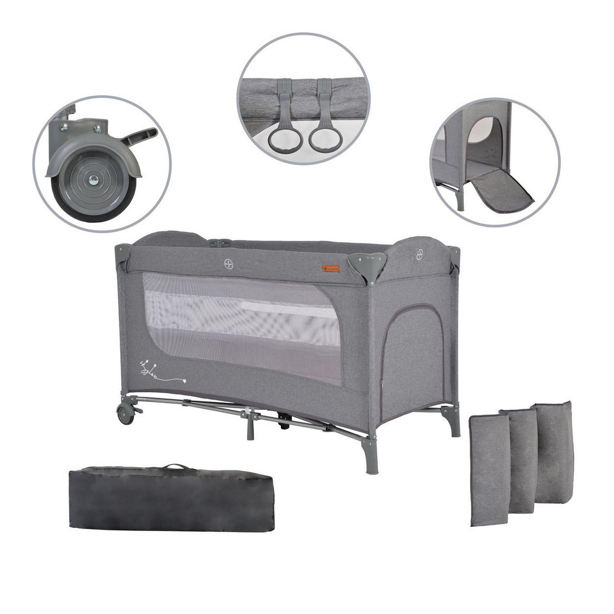 REISEBETT Skyglow 2 Ebenen grau Räder Matratze Seiteneingang Tasche Bremsen - Grau, Kunststoff (60/120cm) - Cangaroo