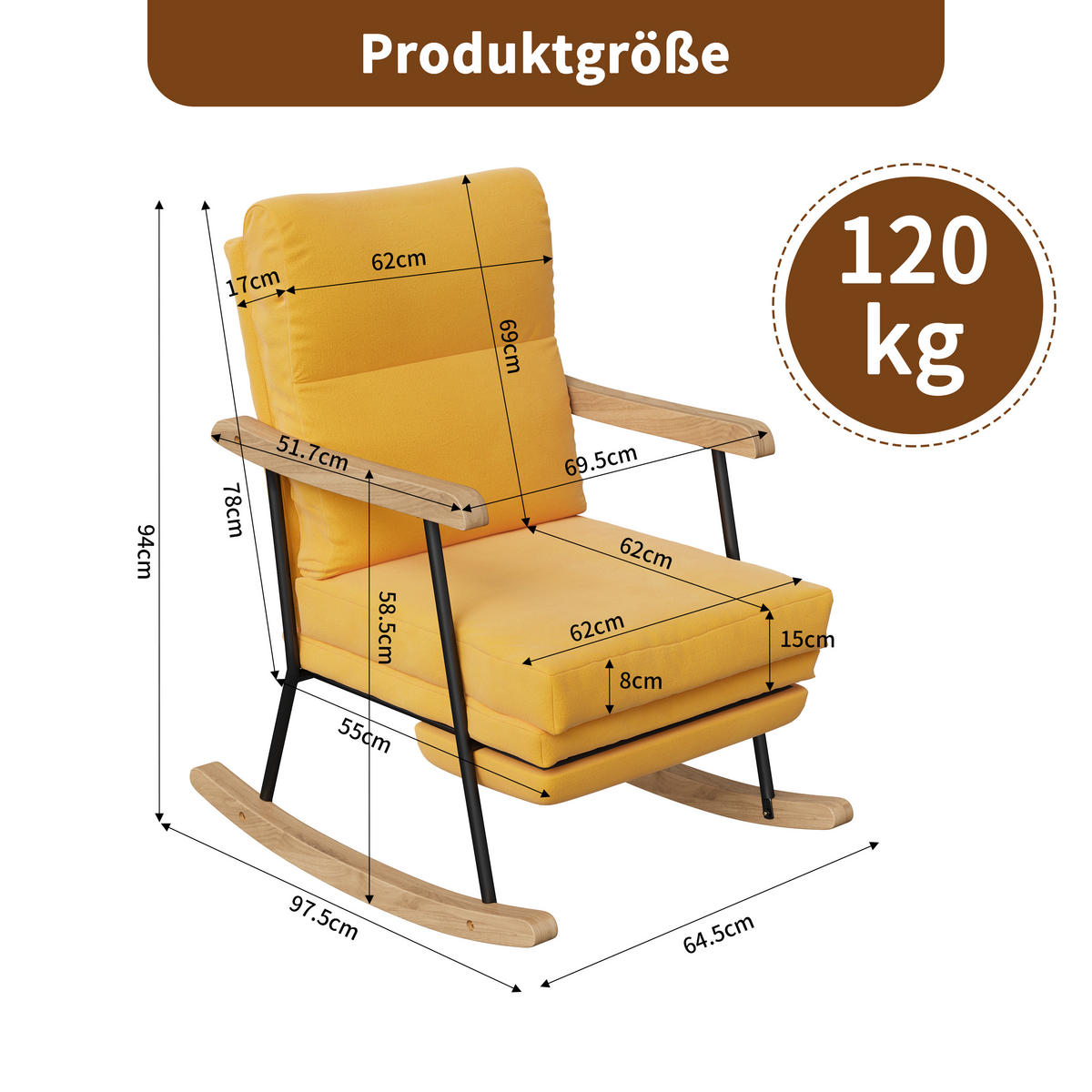 SCHAUKELSTUHL gepolstert ausziehbare Fußstütze gelb - Gelb, Holz (97.5/94/64.5cm) - LEBENLANG