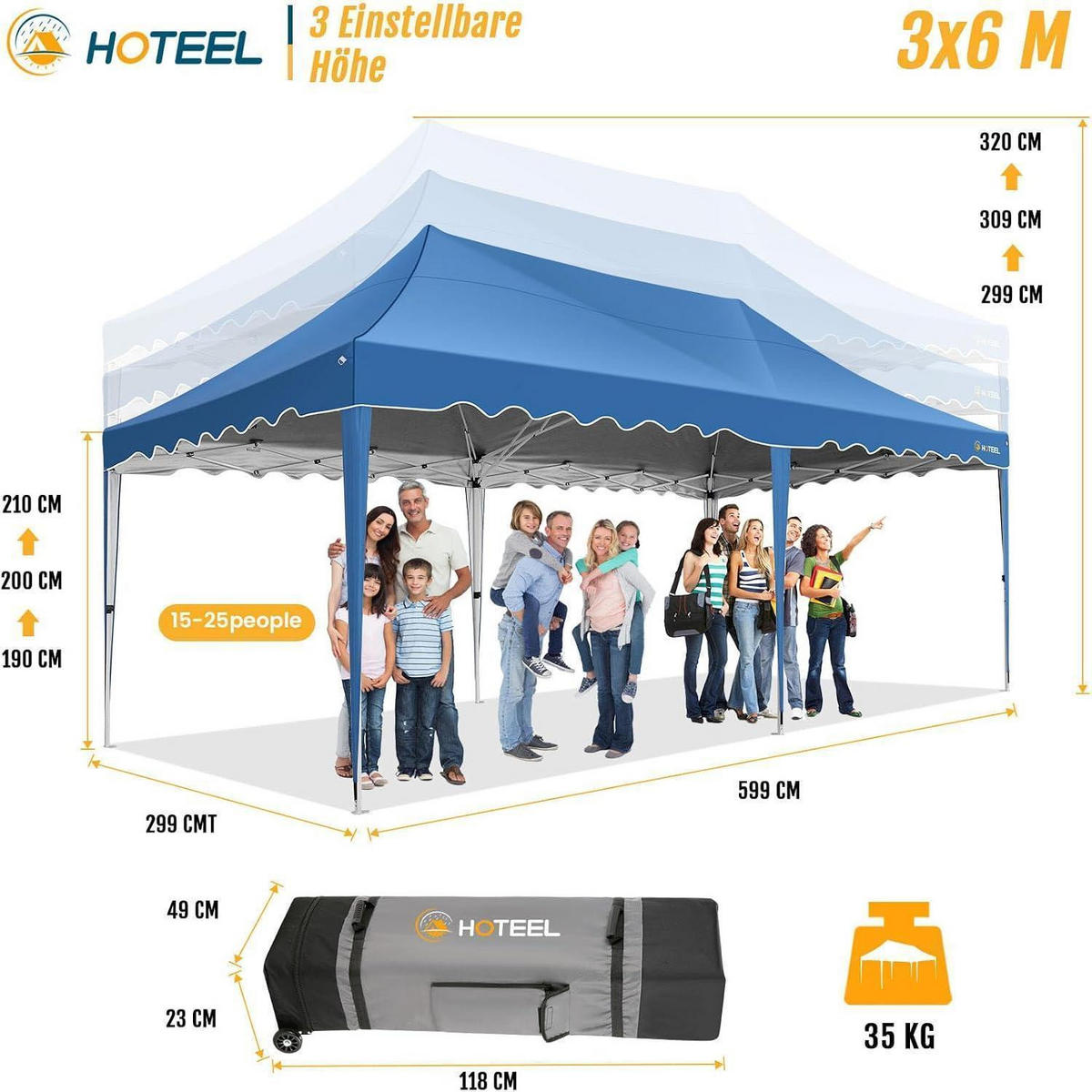 FALTPAVILLON 3x6m Himmelblau mit 6 Seitenwänden Wasserdicht UV Schutz 50+ - Blau, Textil (300/320/600cm)