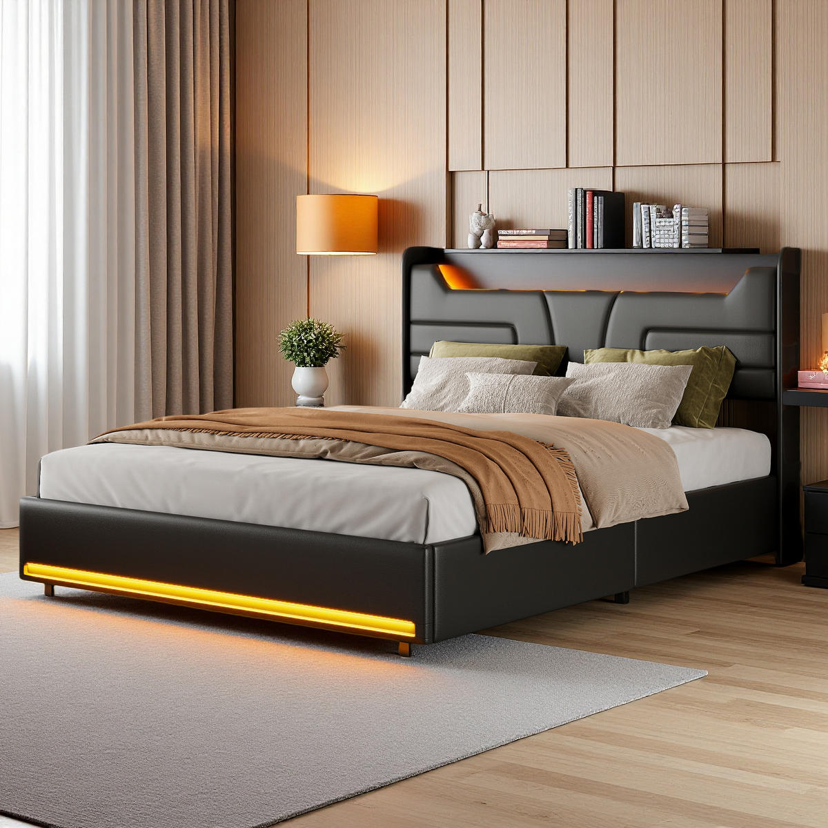 POLSTERBETT 140x200 cm Schwarz PU LED USB Bettkasten - Schwarz, Holz (140/200cm) - SHOPENTRA