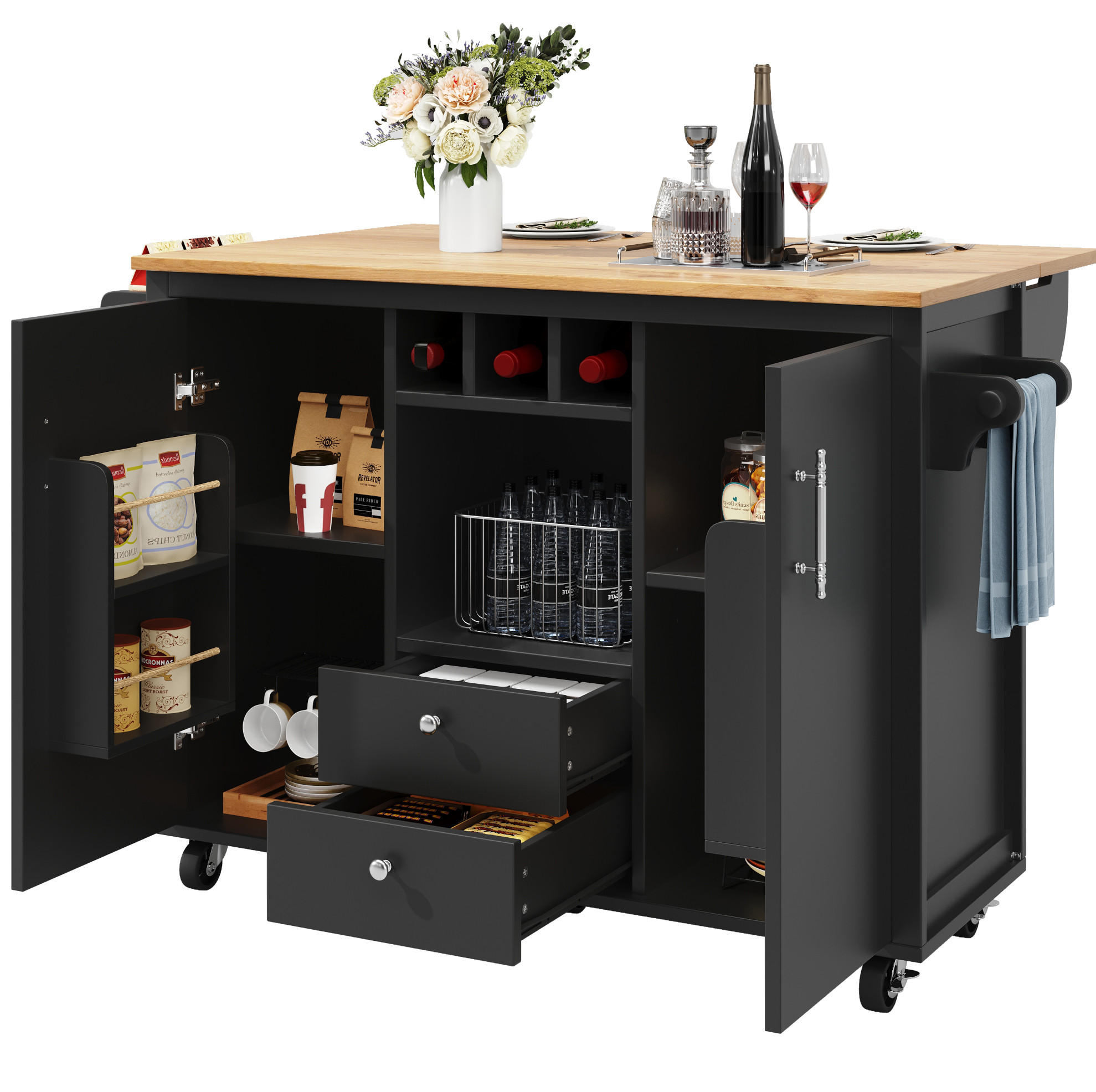 KÜCHENINSEL aus MDF mit klappbarer Arbeitsplatte & Rollen, 137,9/73/45/92,2 cm, Schwarz - Schwarz, Holzwerkstoff (137.9/92.2/45cm) - Redom