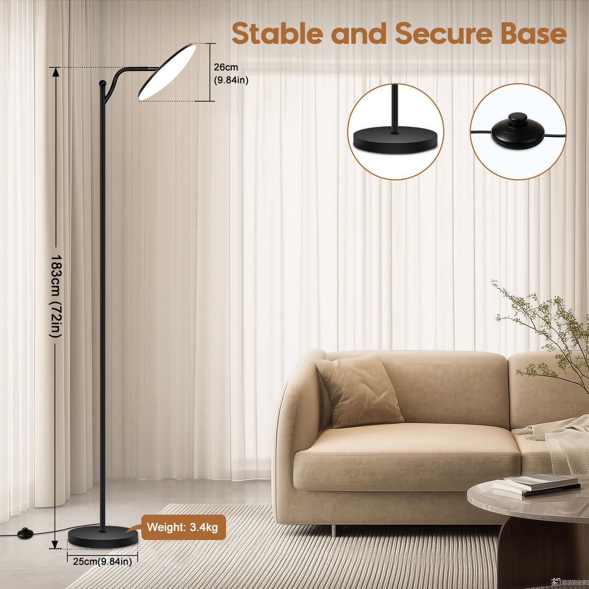 STEHLEUCHTE FL1041GW Wohnzimmer - Schwarz, Metall (25/25/183cm) - LOVHAUS