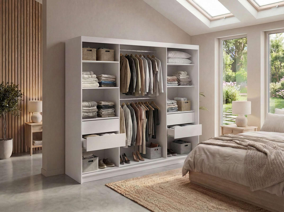 SCHWEBETÜRENSCHRANK mit Spiegel und Schubladen - WALENCJA - 240 - Weiß lacobel - Alufarben/Weiß, Holzwerkstoff/Metall (240/216/61cm) - MKS