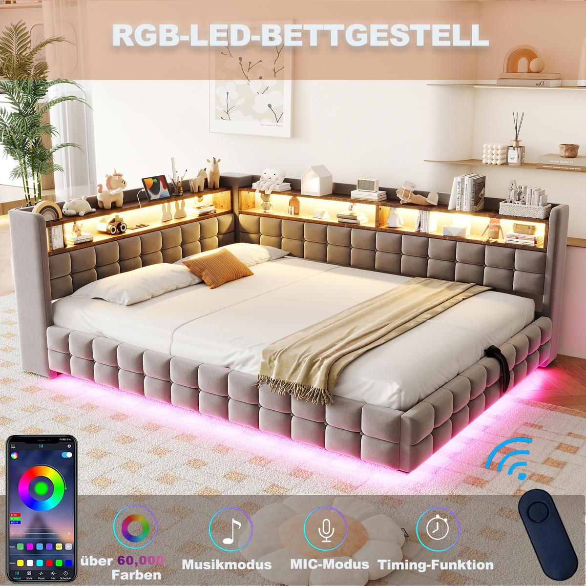 POLSTERBETT Hellgrau 140×200cm mit hydraulischem Stauraum, Holzregal, LED-Lichtleiste und Ladeanschlüssen - Hellgrau, Textil (140/200cm) - Luhomfu