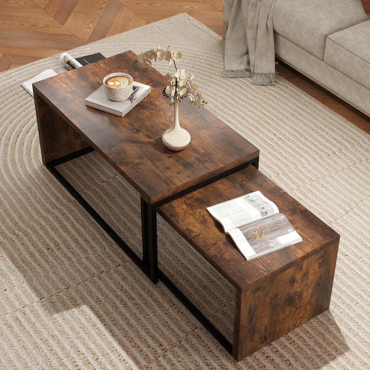 COUCHTISCH-SET 90/48/42 cm, 2 Satztische mit platzsparender Nestfunktion und Metallgestell, Rustikalbraun - Braun, Holzwerkstoff (90/48/42cm) - Redom