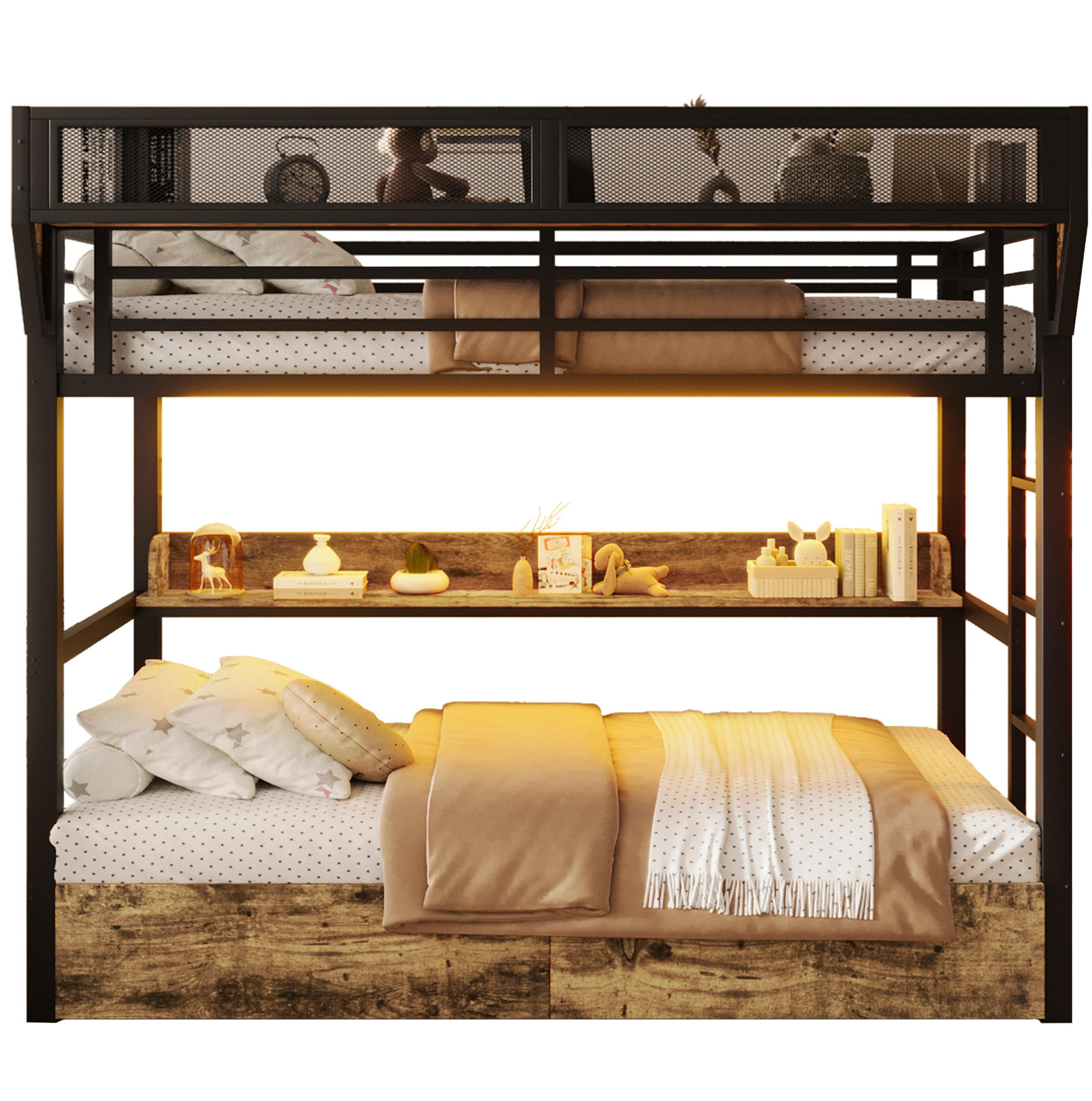 ETAGENBETT 90/200 cm aus Metall und MDF mit LED-Licht und Stauraum Schwarz - Schwarz, Holzwerkstoff (90/200cm) - Modenvie