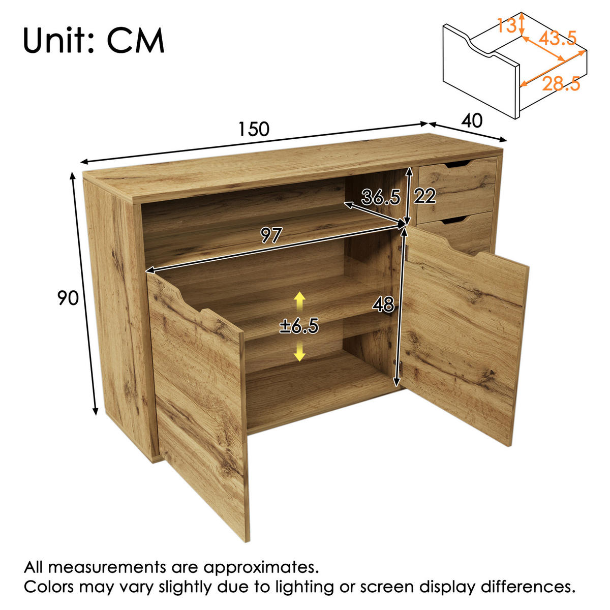 SIDEBOARD 150/90/40 cm Eiche aus Holzwerkstoff und Metall mit Softclose - Eichefarben, Holzwerkstoff (40/90/150cm) - OKMYHOME