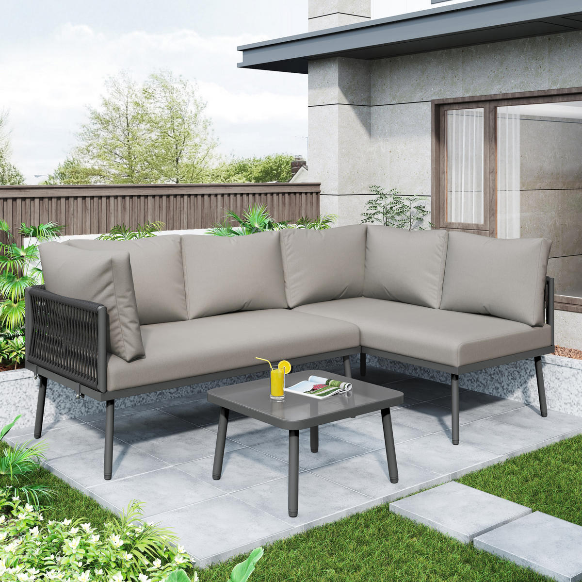 GARTEN-LOUNGE-SET mit Eisenrahmen & Seil, 2 Sofas 120/60/72 cm + Tisch 53/53/36 cm, Grau - Grau, Metall - Redom