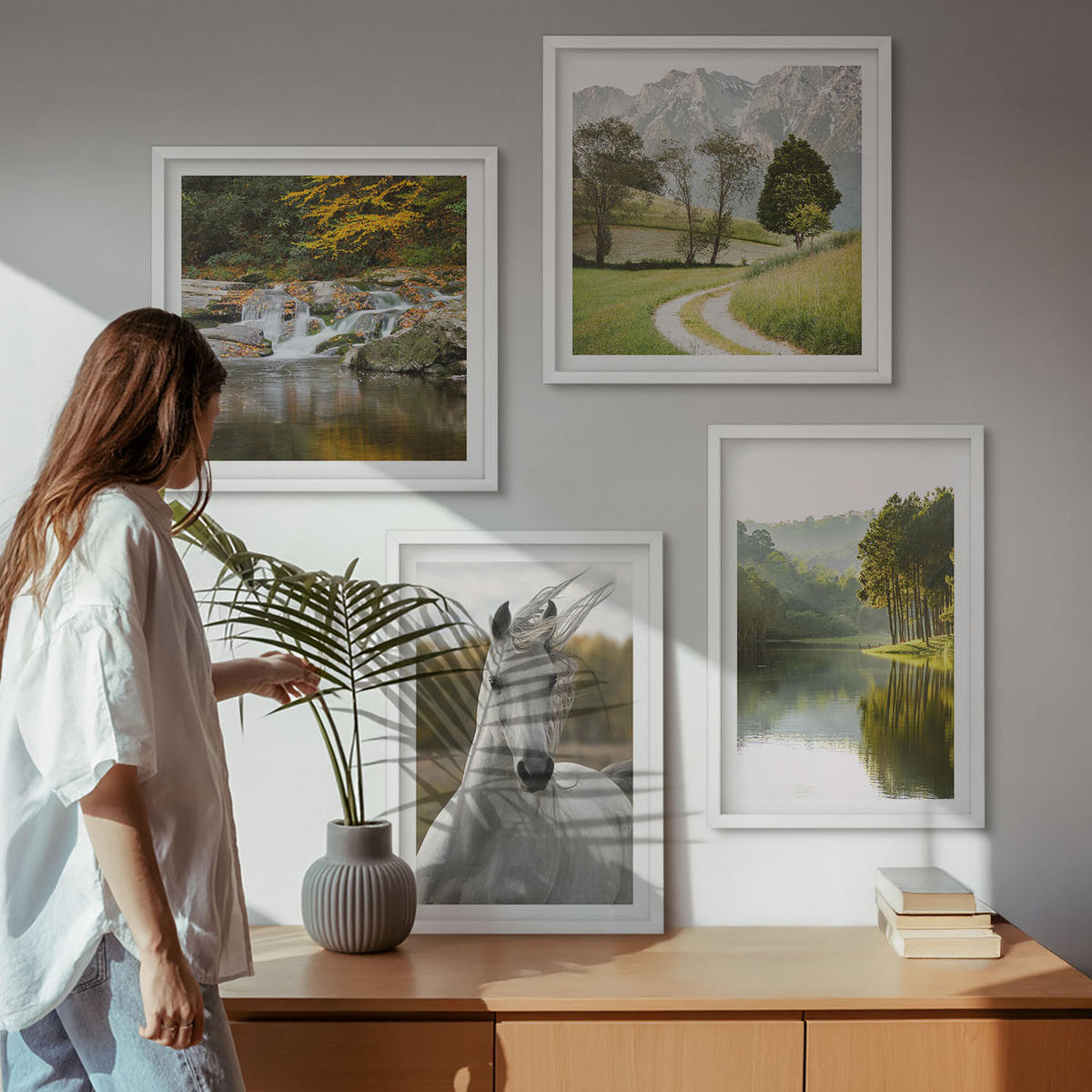BILDER SET 4er Set - 50x50 cm & 40x60 cm Weißer Rahmen - Natur des Flusses White Horses - Weiß, Kunststoff (50/50cm) - TULUP