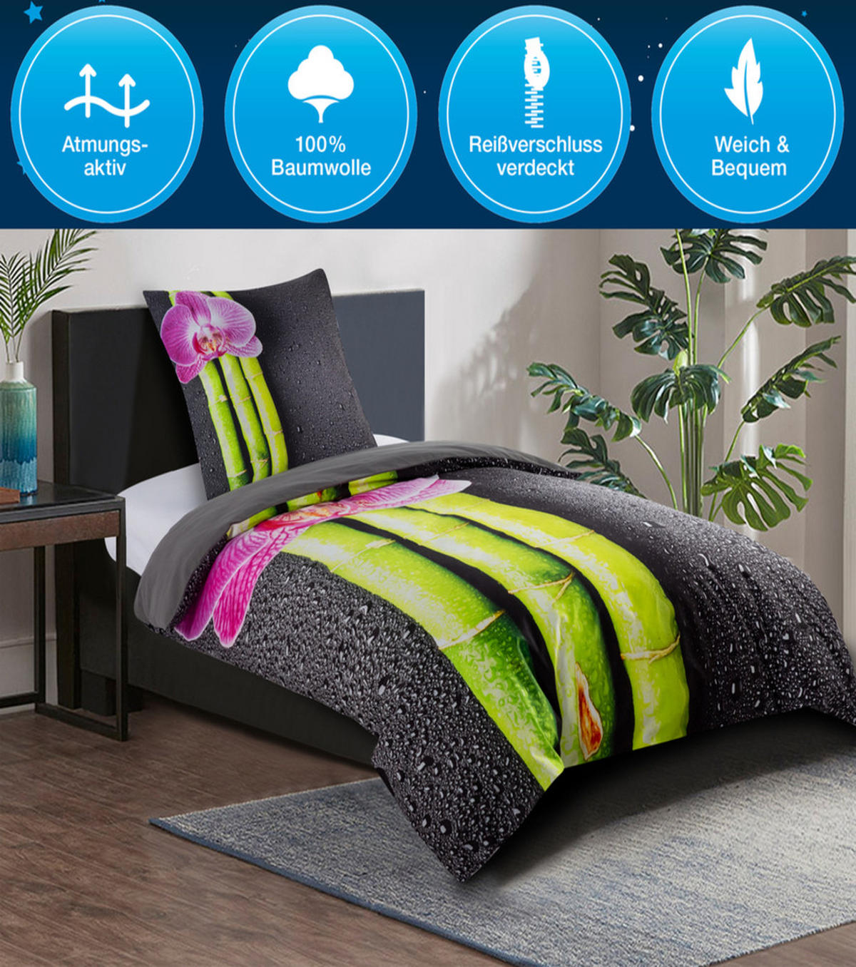 BETTWÄSCHE 2-teilig Asia - Dunkelgrau, Naturmaterialien (135/200cm) - Sanilo