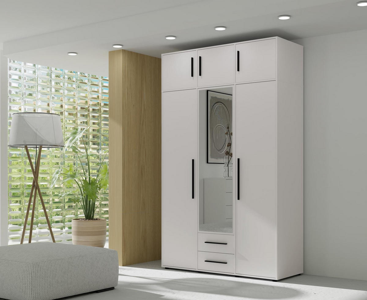 KLEIDERSCHRANK Maxivo Weiß, dreitüriger Kippschrank mit Schubladen und Spiegel, Erweiterung - Schwarz/Weiß, Holzwerkstoff (150/248/59cm) - Bettso