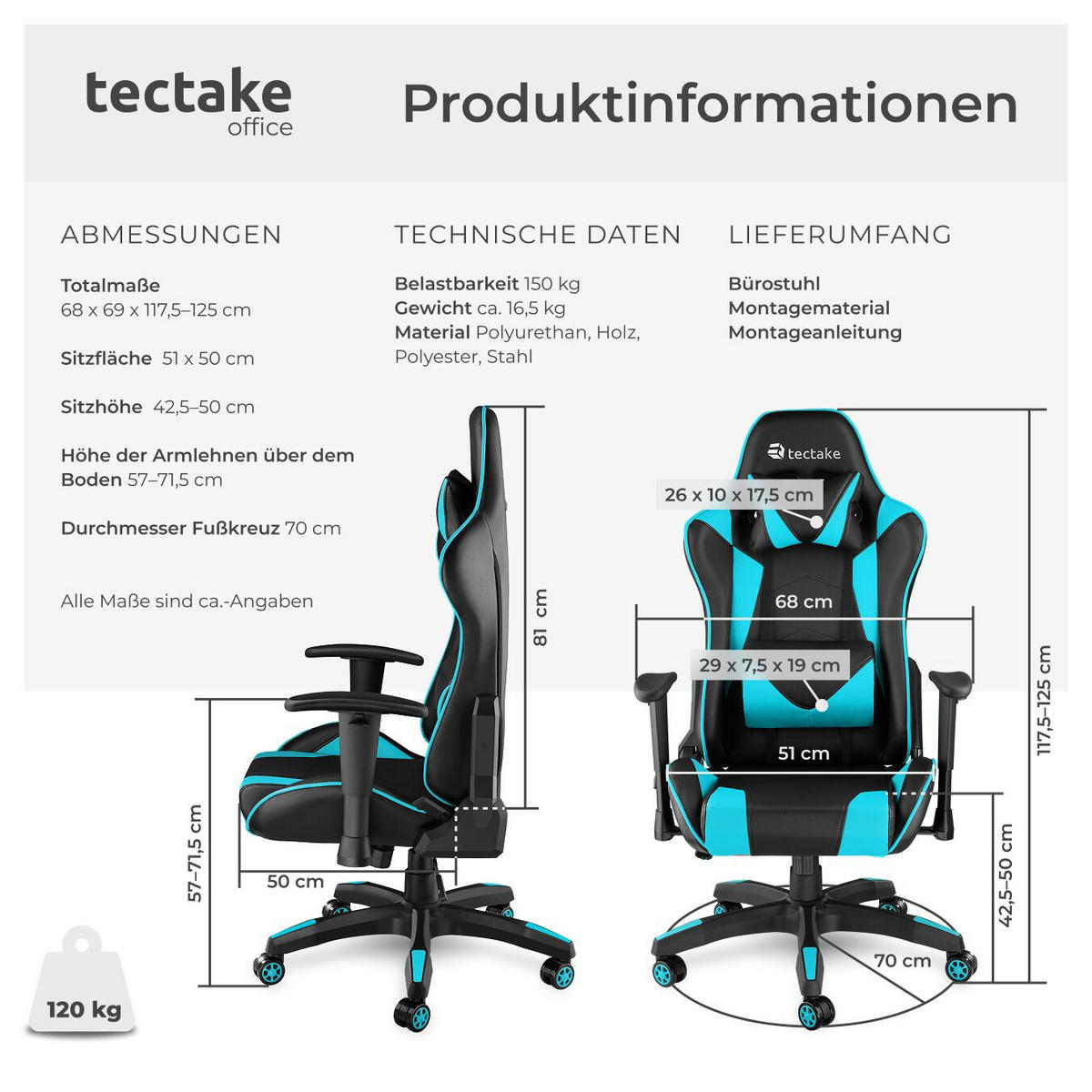 RACING-GAMINGSTUHL Twink,Belastbarkeit 120 kg,schwarz/azur - Schwarz/Hellblau, Textil (68/125/69cm) - tectake