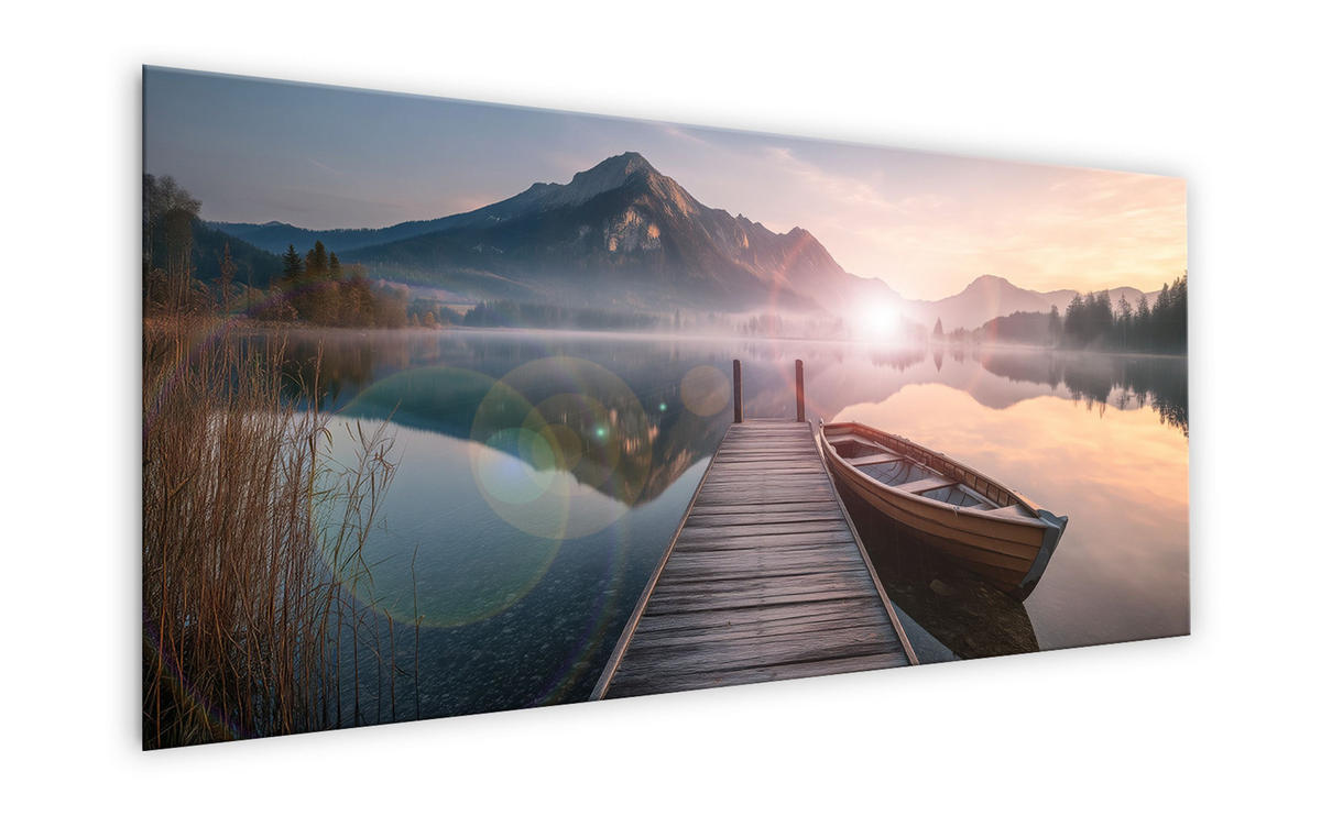 GLASBILD 125x50 cm Landschaft Berge See - Beige, Glas (125/50cm) - artissimo