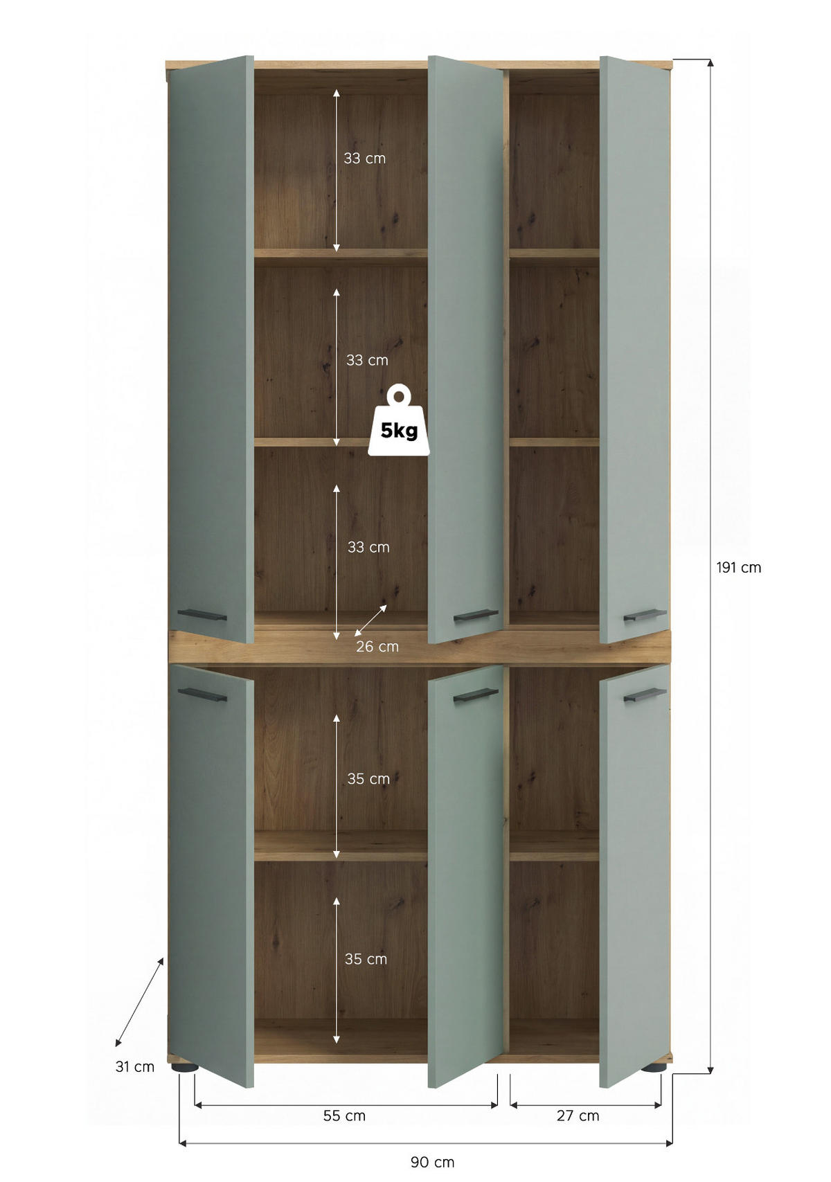 HOCHSCHRANK Salbei, Artisan Eiche 90 x 191 cm, Badschrank XXL - Salbeigrün/Schwarz, Holzwerkstoff/Kunststoff (90/191/31cm) - Inn.Furn