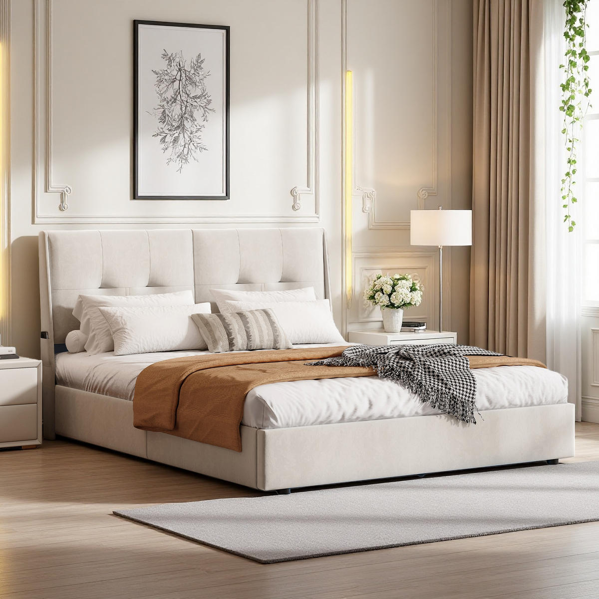 POLSTERBETT 160x200 cm LED Unterboden gepolstert beige - Beige, Holz (160/200cm) - LEBENLANG