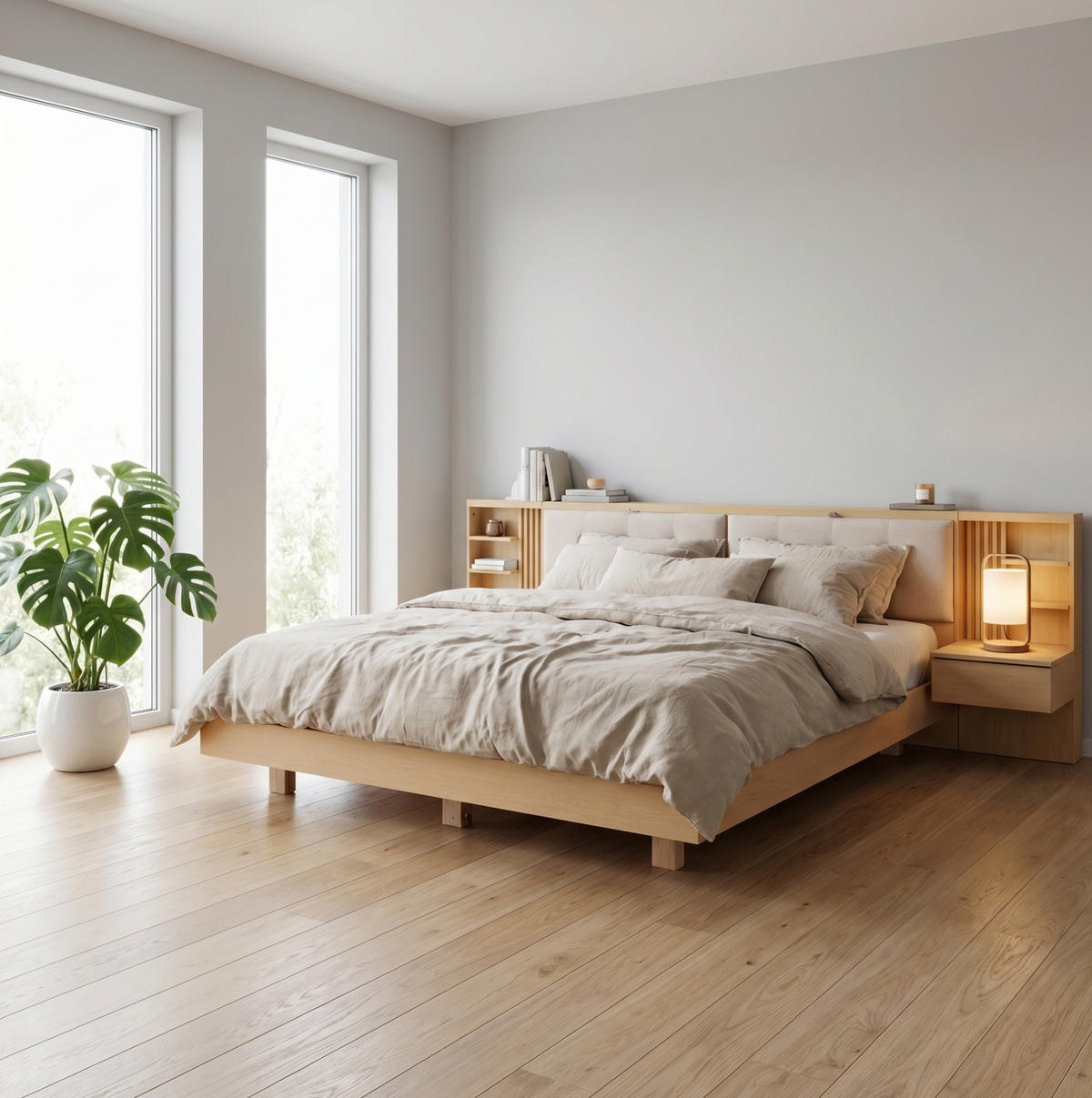 POLSTERBETT 180/200 cm mit Stauraum-Kopfteil, USB-Anschluss und Schubladen, Natur - Naturfarben, Holzwerkstoff (180/200cm) - Redom