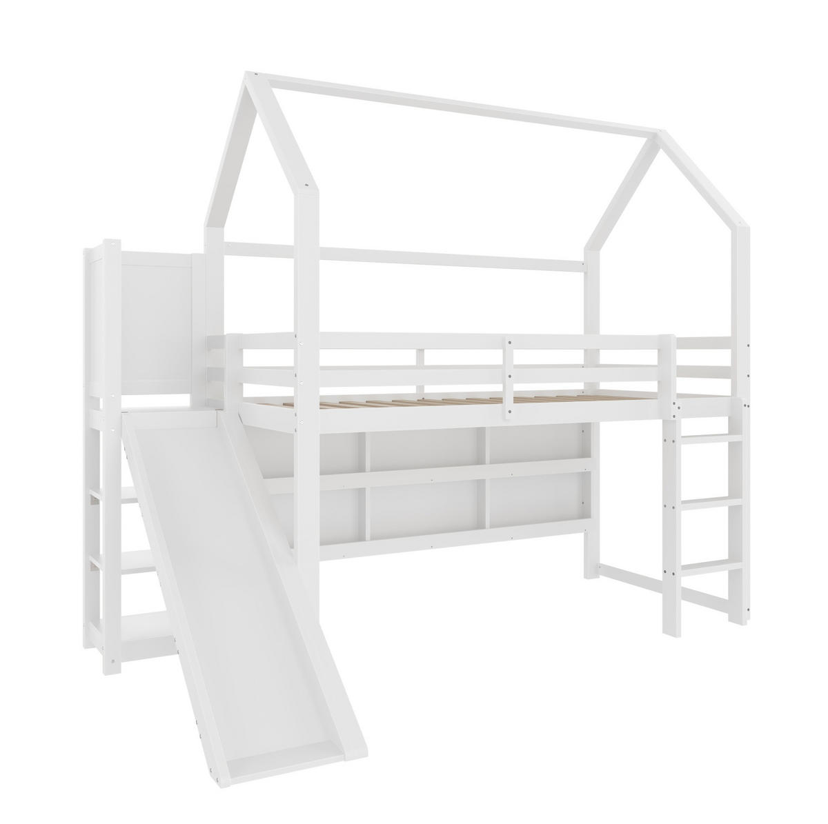 HOCHBETT 90x200 cm in Weiß mit Rutsche, Treppe, LED-Leiste und Regalen - Weiß, Holz (90/200cm) - IVMEU