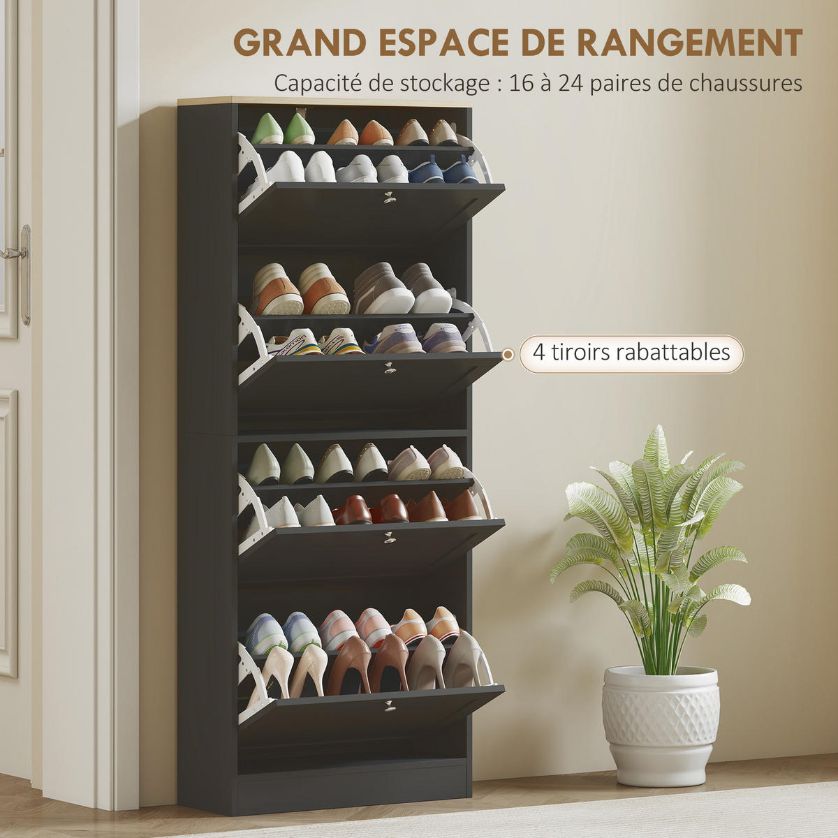 SCHUHSCHRANK Schwarz Holzwerkstoff mit 4 Klappen platzsparend 1 Stück - Schwarz, Holzwerkstoff (60/153.3/23.5cm) - PANGIVO