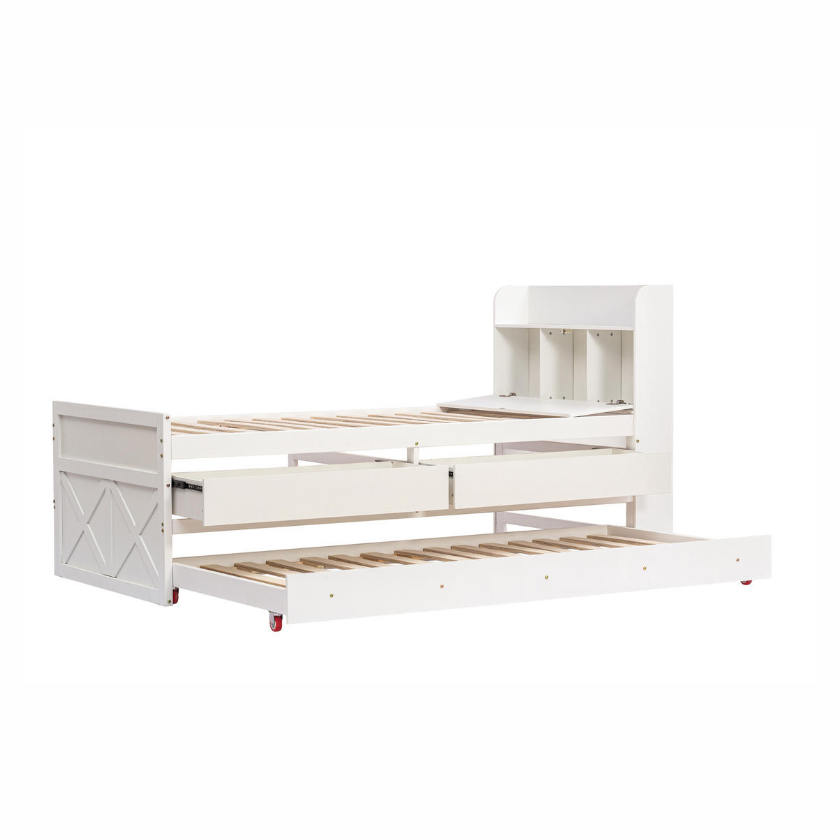 EINZELBETT 90/190 cm Holz mit ausziehbarer Schublade und USB-Anschluss - Weiß, Holz (90/200cm) - OKWISH