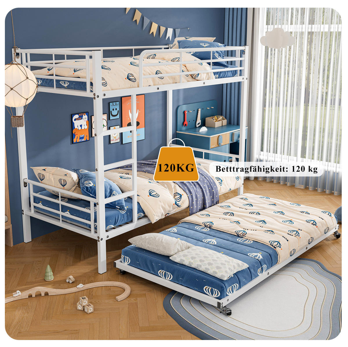 ETAGENBETT mit Ausziehbett 90x200 cm und 90x190 cm Metall Weiß - Weiß, Metall (90/200cm) - Beauniv