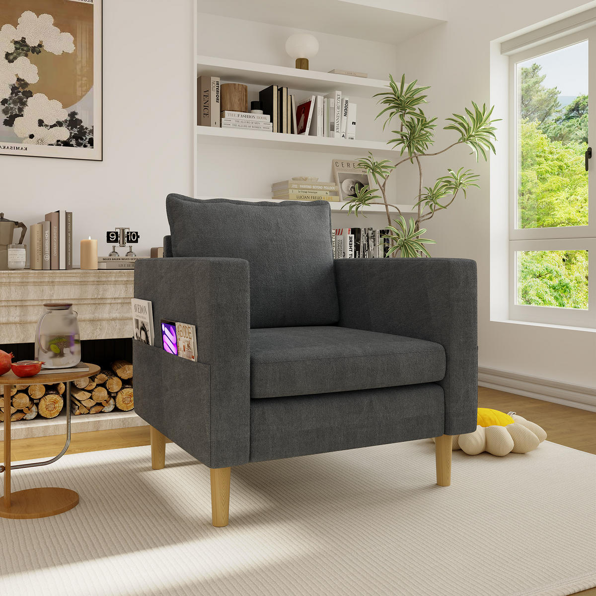 SESSEL Chenille Grau mit Seitentasche und Kissen - Grau, Holz/Holzwerkstoff (71/82/68cm) - WISHDOR