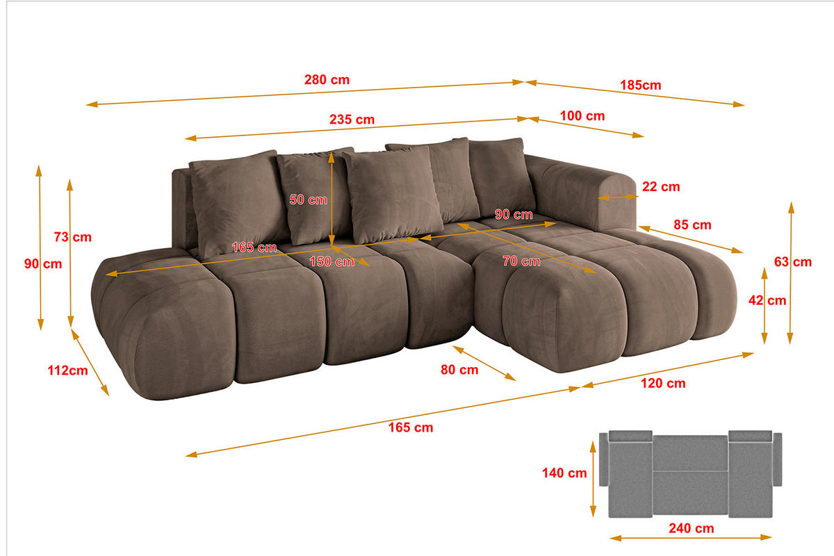 ECKSOFA Ottomane Rechts CLOUD-L-v1 280x185x90 Braun Velours - Braun, Holzwerkstoff/Kunststoff (185/280cm) - ALTDECOR
