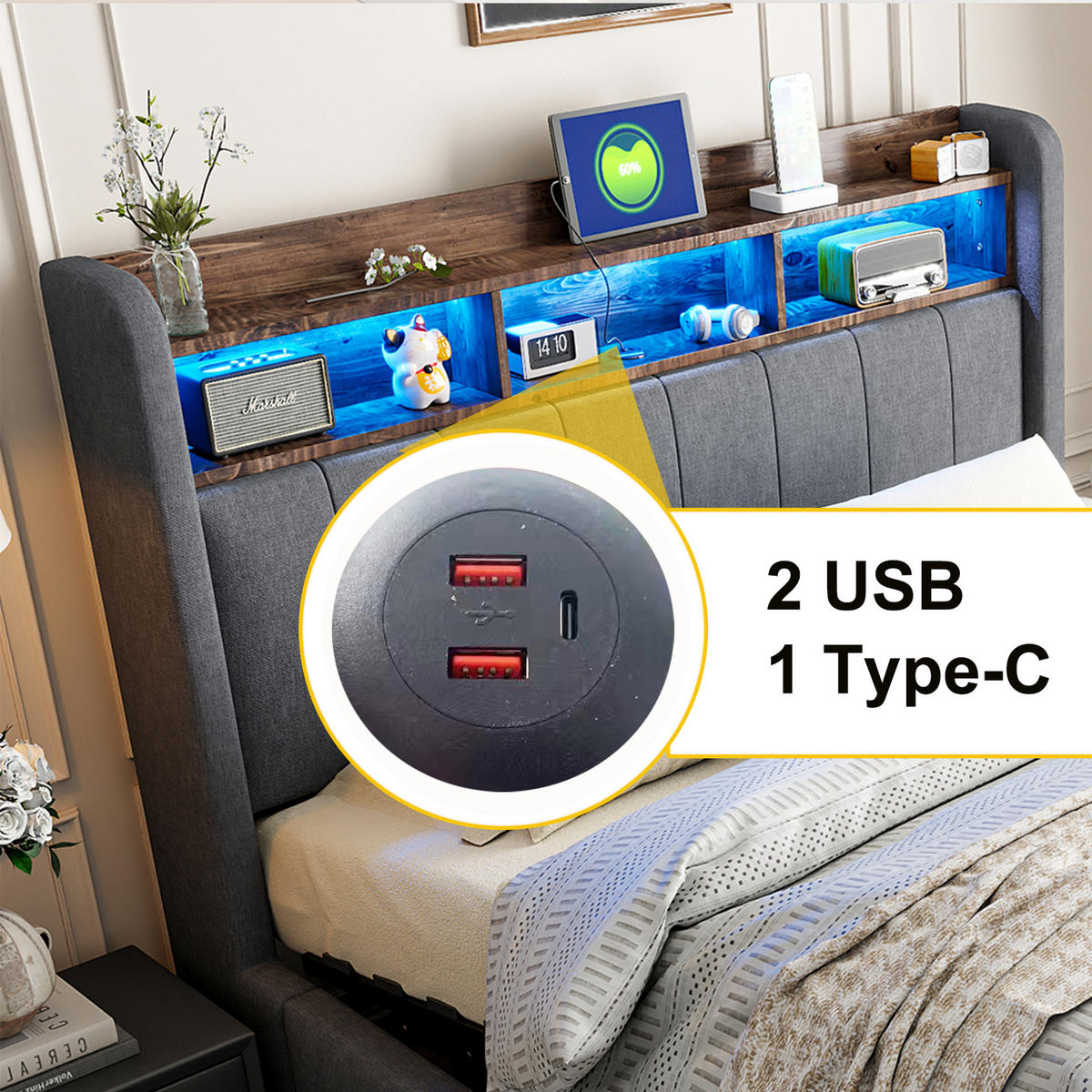POLSTERBETT 180x200 cm LED USB Stauraum grau - Grau, Textil (180/200cm) - LEBENLANG